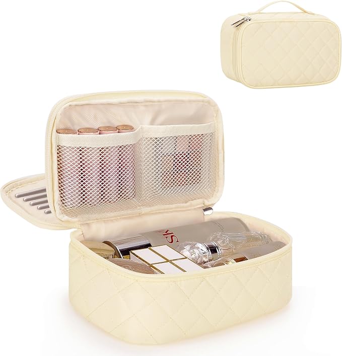 Relavel Travel Makeup Bag, Small Cosmetic Bag with Makeup Brush Compartment, Double Layer Makeup Organizer Bag, Portable Toiletry Bag Makeup Pouch for Women, White