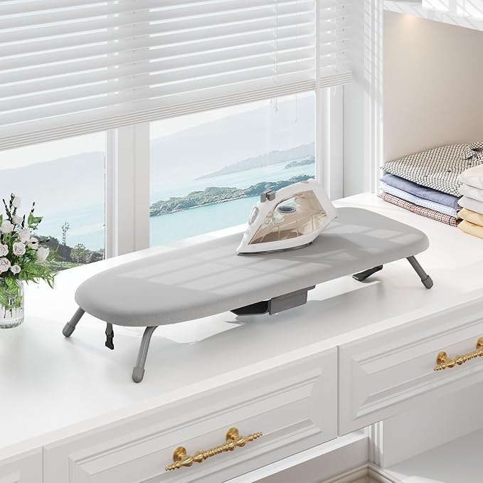 Small Ironing Board with Iron Holder Compact Tabletop Iron Board | 12 x 32 inchs, 2 Heat Resistant Ironing Covers, Non-Slip Feet, Suitable for Laundry Rooms, Bedrooms, Dormitories, Travel