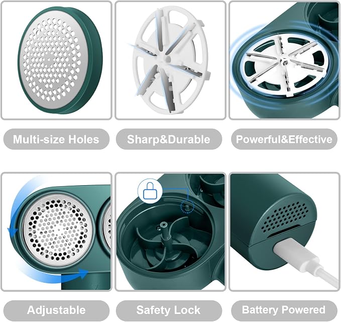 Fabric Shaver, Dual Motor Electric Lint Shaver for Clothes, 6 Blades, Green | Electric Lint Shaver, Fabric Pilling Remover, Powerful 2 Gear, Portable Defuzzer Clothes Fuzz Remover for Sweater Furniture