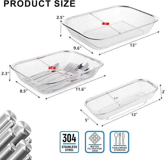 Utensil Drying Rack, 3 Pack Stainless Steel Utensils Holder Dishwasher Silverware Basket, Compact Dish Drainer for Kitchen Countertop, Chopsticks Spoons, Forks, Knifes Organizer