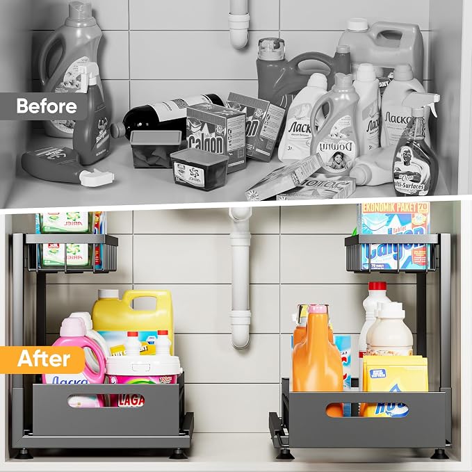 Saydear L-Shaped Under Sink Organizer, 2-Tier Pull-out Cabinet Rack 1-Pack | Black Height-Adjustable Steel Rack, Sliding Grid Drawers with PP Liners, Holds 100 Lbs, Suction Base, Ideal Kitchen Storage