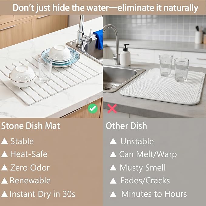 Large Stone Drying Mat for Kitchen Counter, Quick Dry stone drying mat, Foldable Water Absorbing diatomaceous earth dish drying mat for Plate Rack Bottles Utensils(White 24"×16" & 4" Coaster)