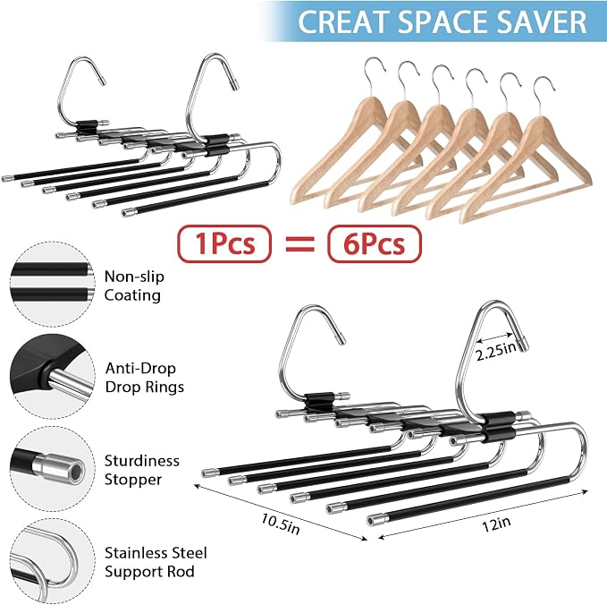 Upgrade 6 Layers Pants Hangers Space Saving, 2 Pack Stainless Steel Multifunctional Rack Non Slip S-Type Pant Closet Organizer Saver for Leggings Jeans Trousers Scarf, Black