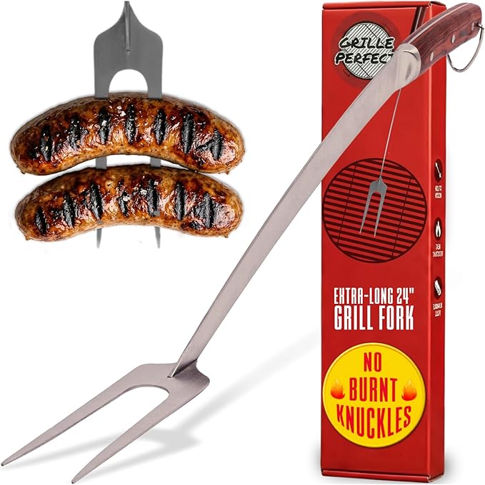Grill Fork 24-inch Super Long for Grilling Barbecue Griddle and Fire Pit Extra Strong Curved Neck Premium Hardwood Handle Large Stainless Steel Tines for BBQ Outdoor Kitchen and Grilled Food