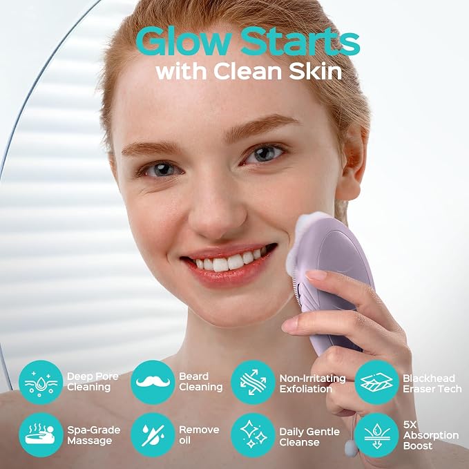 COSLUS FBS01 Facial Cleansing Brush Face Scrubber, Compact for Travel | Rechargeable, Gentle Silicone, 5 Cleansing Modes, Deep Cleaning for Men & Women, Removing Blackhead Exfoliating, Light Purple