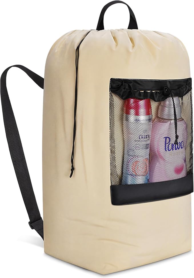 Lifewit Laundry Bag Backpack Travel, 120L, Khaki | Extra Large Bag with Shoulder Straps and Mesh Pocket for Laundromat, Heavy Duty Basket for Dirty Cloth College Dorm Apartment