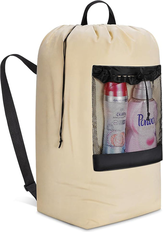 Lifewit Laundry Bag Backpack Travel, 120L, Khaki | Extra Large Bag with Shoulder Straps and Mesh Pocket for Laundromat, Heavy Duty Basket for Dirty Cloth College Dorm Apartment