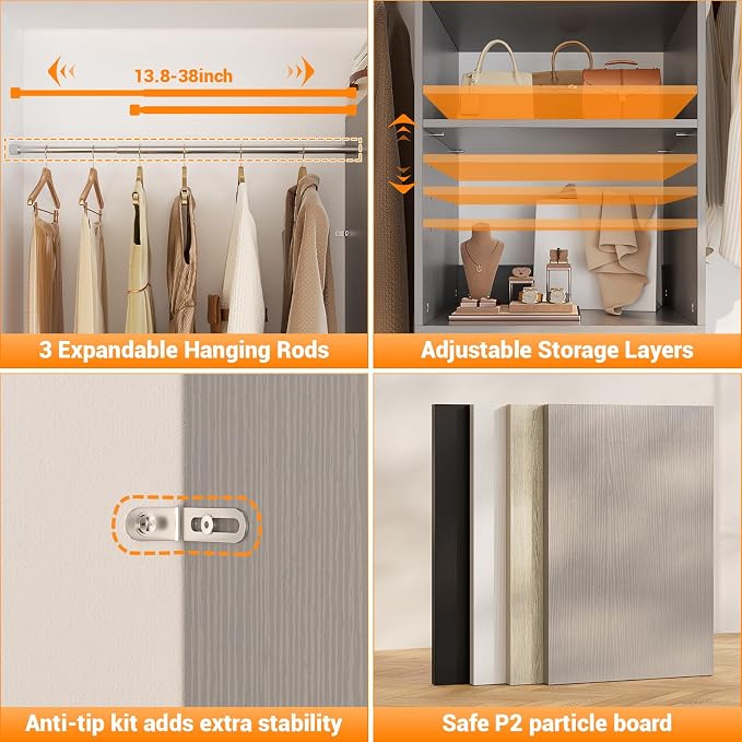 Homieasy 96 Inches Closet Organizer System, 8FT Customizable Walk In Closet Organizer with Hanging Rods, 3 Drawers Garment Rack with Leather Handle , 96" L x 16" W x 75" H, Max Load 1000 LBS, Grey