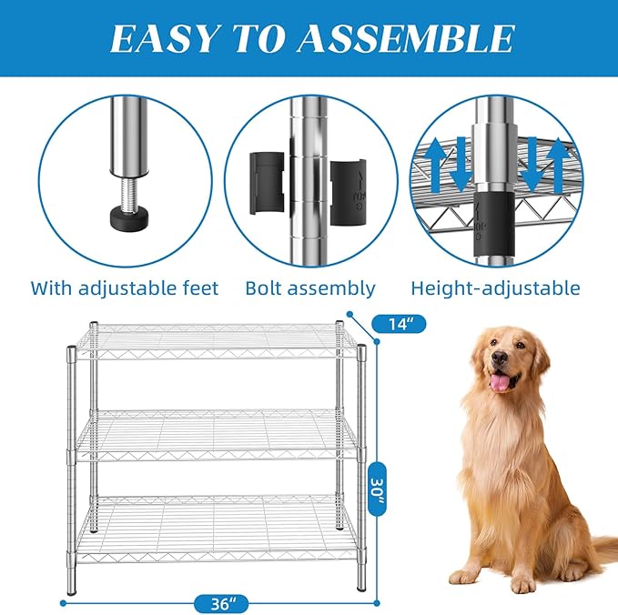 Guan River 3-Shelf Adjustable Metal Wire Shelving,Chrome,36"L x 14"W x 30"H | Height Adjustable,Sturdy and Durable,Storage Sehlf Display Rack for Office,Kitchen,Bedroom,Bathroom,Garage