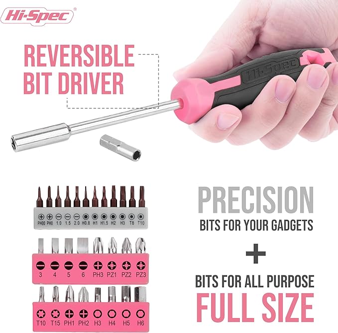 Hi-Spec Tool Kit, General Household Hand Tool Set with Toolbox Storage Case, All-in-One Compact Toolkit for DIY & Dorm Use, Pink