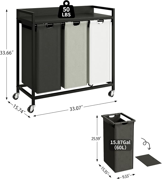 Herture Laundry Hampers with Shelf, Laundry Basket 3 Section, 3 x 15.87 Gal | Laundry Sorter with Pull-Out Removable Large 3 Color Bags and Movable Wheels, Metal Frame, Black PF04XLK