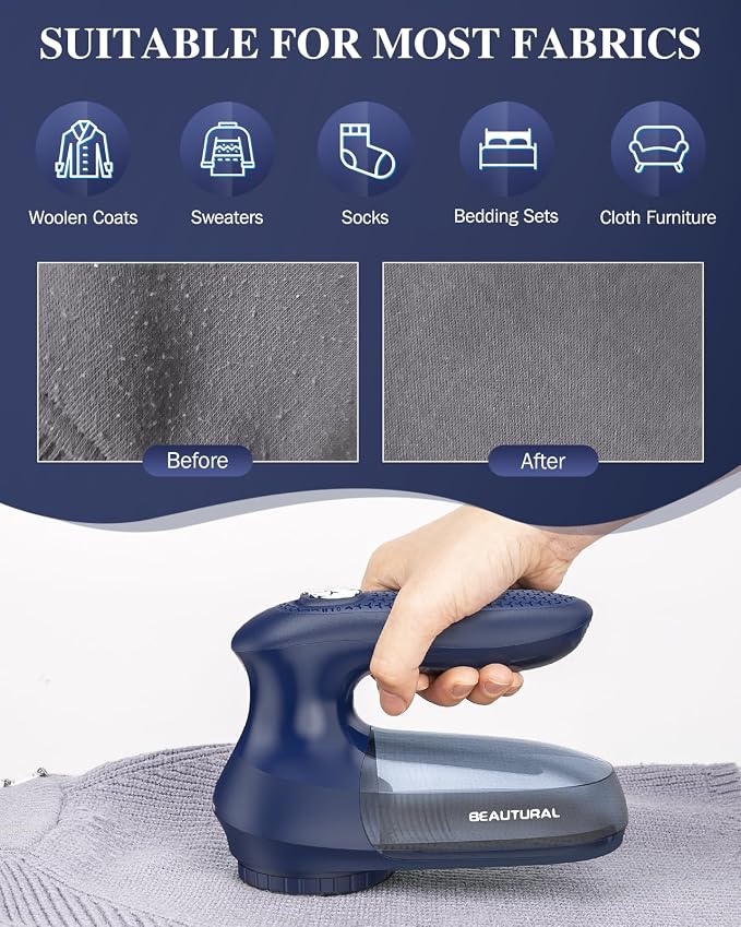 BEAUTURAL Fabric Shaver and Lint Remover, Portable Sweater Defuzzer | AC Adapter or Battery Powered, 2 Speeds, 1 Replaceable 6-Leaf Blade, Powerful & Efficient for Couch and Furniture
