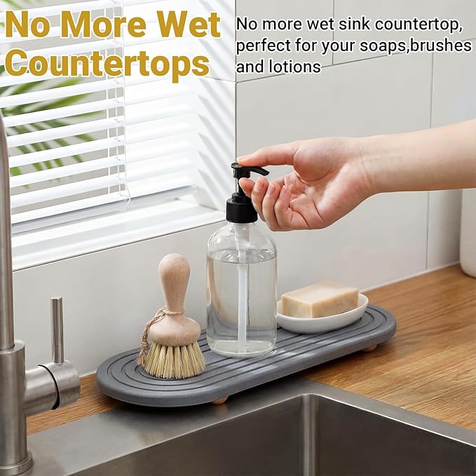 Instant Dry Stone Sink Tray, 11.8x3.9 Water Absorbing Diatomite Stone Tray for Sink with Wooden Feet, Sink Caddy Stone, Kitchen Sink Organizer (Dark Grey)