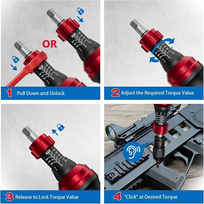 1/4" 10-70In.lb Torque Screwdriver 36 PCS Set | T-bar, Hex, Torx, and Phillips S2 Bits, Torque Wrench Screwdriver, For Scope and Car, Bike Mounting, Home DIY