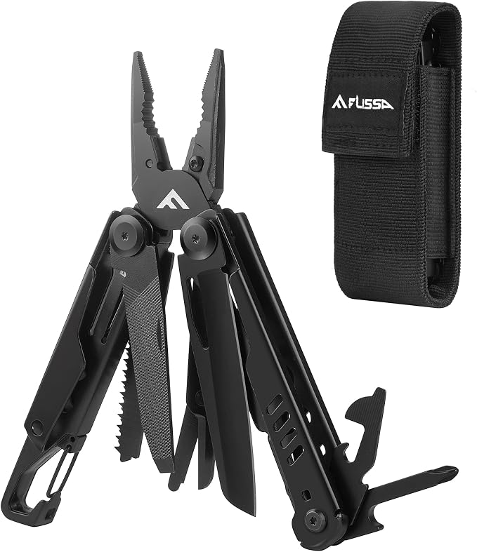 FLISSA 15-in-1 Multitool Pliers with Sheath Safety Lock EDC | Stainless Steel with Self-Locking System, Knife, Saw and Screwdrivers. Belt Clip Nylon Carry Case for Outdoor Survival.