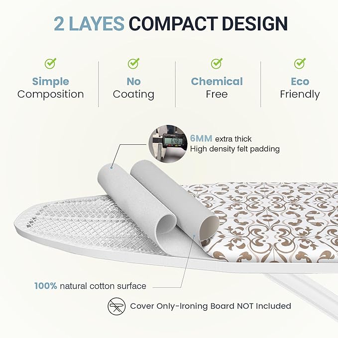 UniSimp Ironing Board Cover and Pad 18"x49" Extra Thick Natural Cotton, Scorch and Stain Resistant Iron Board Cover,Wide Ironing Board Cover with Fasteners Heavy Duty Heatproof Elastic Edge Taupe