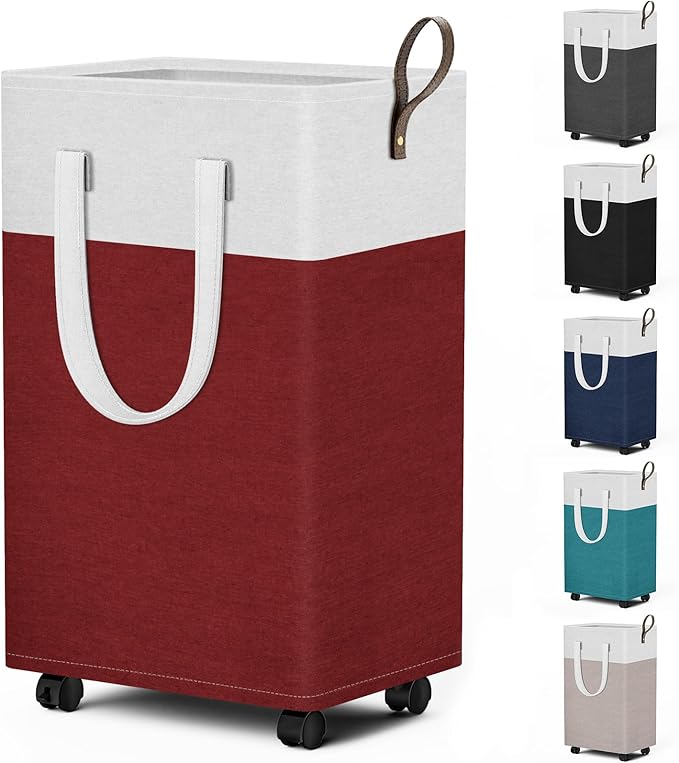 HomeHacks 75L Rolling Laundry Basket with 4 Wheels Collapsible Red | 4 Wheels, Waterproof PEVA Lining, Cotton Flax Fabric, Metal Frame, Bathroom Laundry Room Dorm Storage, Space-Saving Design