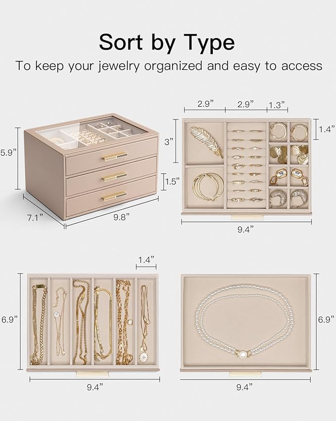 VLANDO Jewelry Box for Women, 3-Layer Jewelry Organizer with Drawers, Glass Lid Display Jewelry Storage, Soft PU Leather Exterior, Contrast Gold Metal Handles, Refined Style – Toffee