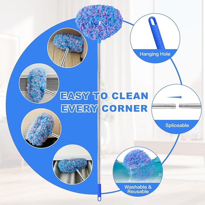 Ceiling Fan Cleaner Duster Reusable Microfiber Ceiling Fan Blade Cleaner Removable Duster with Extension Pole Adjusts 13 to 49.7 Inch for Cleaning Walls Furniture Door Window Top (Blue Pink)