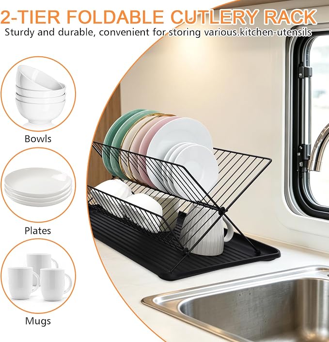RV Foldable Dish Drying Rack, 2-Tier with Drip Tray, Stainless Steel Collapsible Rack for Sink & Kitchen Countertop, Space-Saving Dish Drainer Organizer for Dishes, Bowls, Plates, Cups