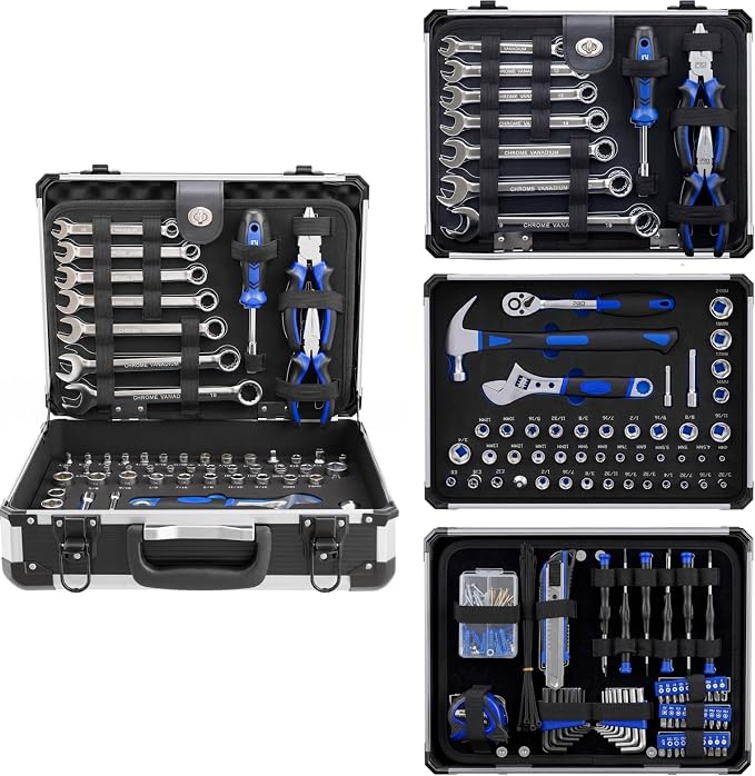Prostormer Mechanic Tool Set, 219-Piece Basic Hand Tool Kit | 1/4" & 3/8" SAE and Metric Sockets, with Aluminium Tool Box, General for Home Repair & Car Maintenance