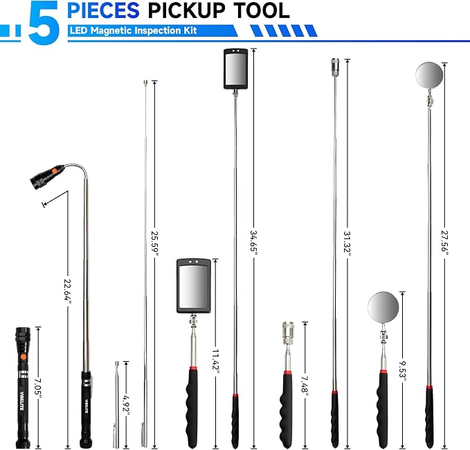 5Pcs Telescoping Magnetic Pick Up Tool Set | 1lb & 15lb Pick-up Rod, 360° Square & Circle Swivel Adjustable Inspection Mirror, LED Flashlight, Dad Gifts