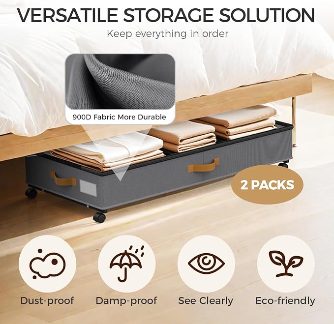 75L 2 Pack Adjustable Under Bed Storage with Wheels | Underbed containers with clear lids, rolling under bed shoe storage organizer for dorm home clothes, blankets, shoes, Grey