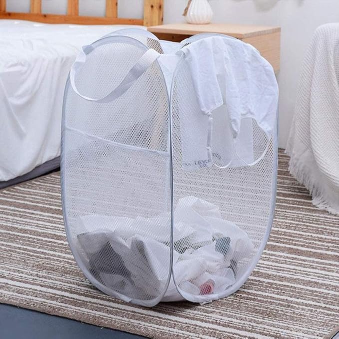 Larpur Pop Up Laundry Basket, Collapsible White Mesh Clothes Hamper Storage | Foldable Laundry Hamper with Reinforced Portable Carrying Handles & Side Pocket for Home, Dorm, Travel, Cruise