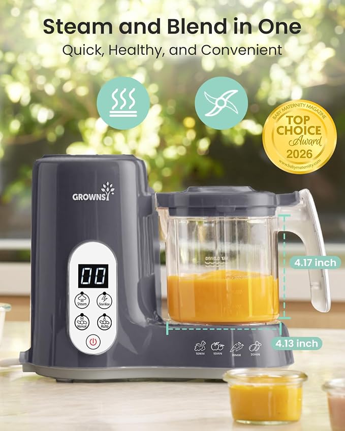 Grownsy Baby Food Maker with Steam Basket, One Step Baby Food Processor Steamer Puree Blender Grinder Mills Machine, Auto Cooking Grinding and Sterili-zing for Healthy Homemade Baby Food, Dark Grey