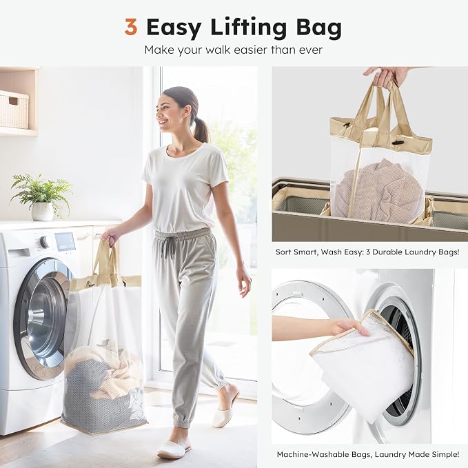 SOLEDI 180L 3-Section Laundry Hamper with Lid, Extra Large Dirty Clothes Basket with Sturdy Handles for Laundry Room & Bedroom - Durable Organizer for Sorting Laundry