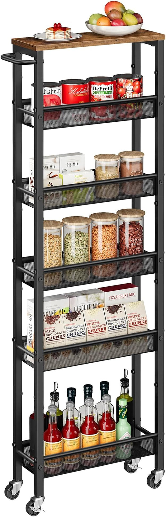 VASAGLE Slim Storage Cart, 6-Tier Rolling Utility Cart, Skinny Shelf for Kitchen Pantry, Narrow Bathroom Organizer, 17.9 x 5.9 x 51.7 inch, Rustic Brown and Matte Black, Dacey Collection ULRC038K101