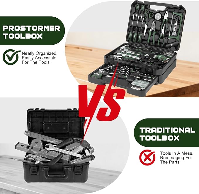 Prostormer 269-Piece Tool Set, Full Household Tool Kit, Green | Essential Tools for Home, Auto, Mechanics, Daily Repair Works, with Upgraded Tool Box