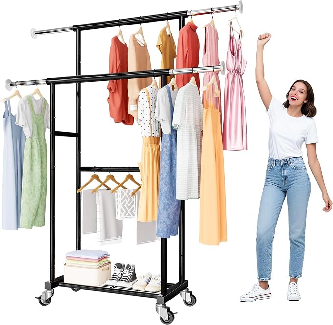 SUFAUY Clothes Rack, Double Rods Rolling Clothing Rack for Hanging Kid Clothes, Portable Garment Rack with Wheels, Coat Rack Wardrobe Closet Load 350 LBS (Black)