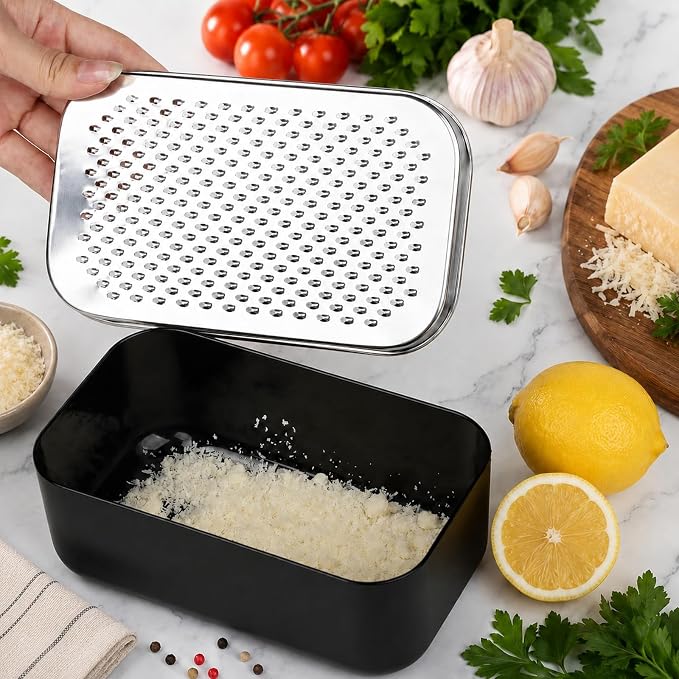 Cheese Grater with Storage Container, Box Grater Stainless Steel for Vegetables, Cheese Shredder 2 Sharp Blades for Fine & Coarse, Non-Slip Base, Lemon Zester, Includes Cleaning Brush (Black)