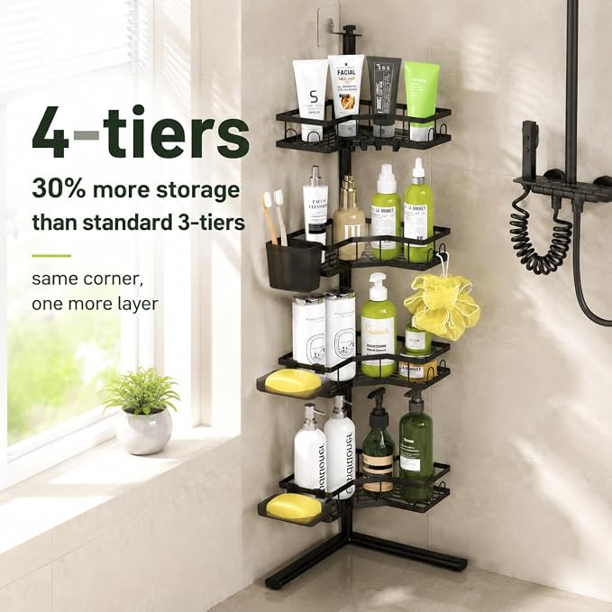 Corner Shower Caddy Standing: 4-Tier Rustproof Shower Shelves Corner - No Drilling Floor Shower Organizer Rack for Bathroom, Renters, Apartment