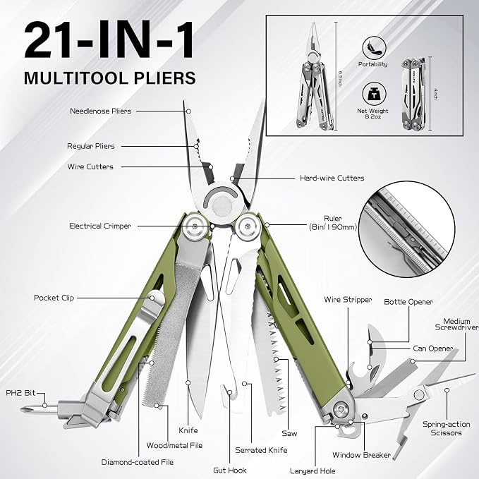 21-in-1 Multi Tool Pliers with Safety Locking and Spring-Action Scissors | Heavy-duty Stainless Steel Kit with Nylon Sheath for Work, Home, Garden, DIY & Auto, Olive Green
