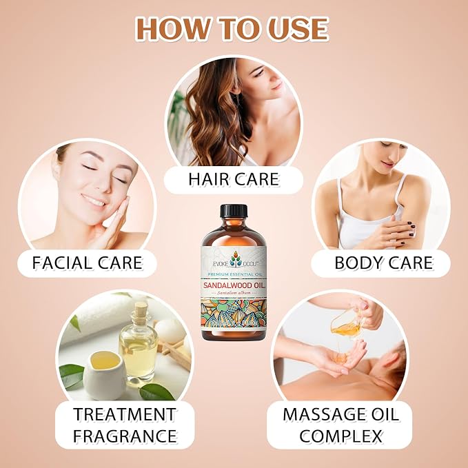 EVOKE OCCU Sandalwood Essential Oil for Skin Care, Diffuser & Candle Making | for Perfume, Hair Care, Massage, Sleep & Meditation, DIY Soap, Laundry Dryer Balls, Men & Women - 118ml / 4 fl oz