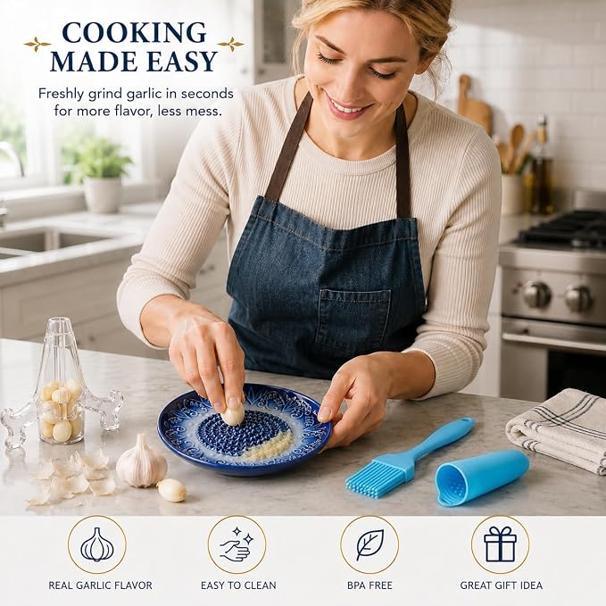 Ceramic Garlic Grater Plate Set with Rack & Cleaning Brush (Blue)