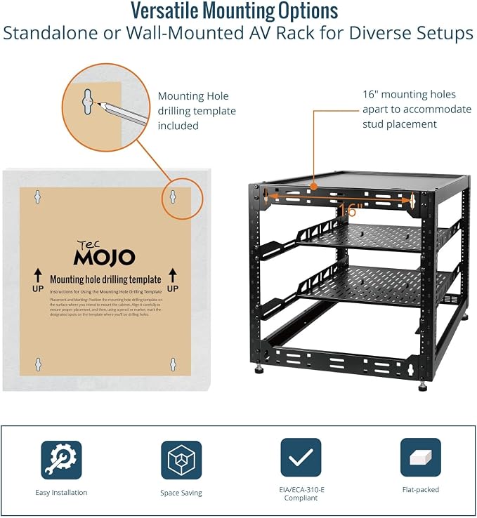 Tecmojo 12U Open Frame Network Rack for IT & AV Gear, AV Rack Floor Standing or Wall Mounted,with 2 PCS 1U Rack Shelves & Mounting Hardware,Network Rack for 19" Networking,Audio and Video Device