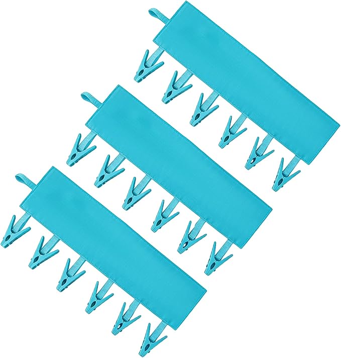 Mini Clothespins Travel Hangers 3-Pack Solid Blue, Foldable Portable Clothes Hangers with 6 Non-Slip Clips for Socks Swimsuit Towel Drying Rack, Cruise Dorm Camping Travel Essentials