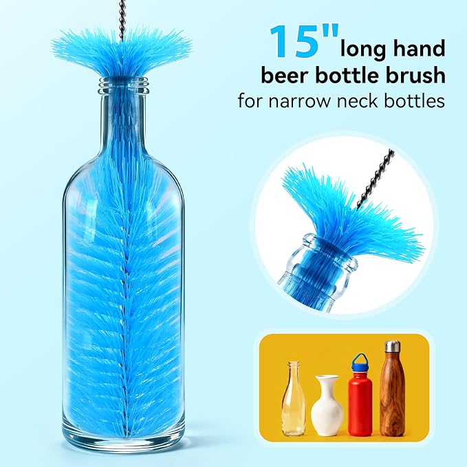 Bottle Brush Set with Straw Cleaner Brush and 3 in 1 Cup Lid Cleaning Brush, Water Bottle Cleaner with Long Handle for Cleaning Narrow Neck Beer, Cup, Wine Glasses, Tumblers, Baby Bottles