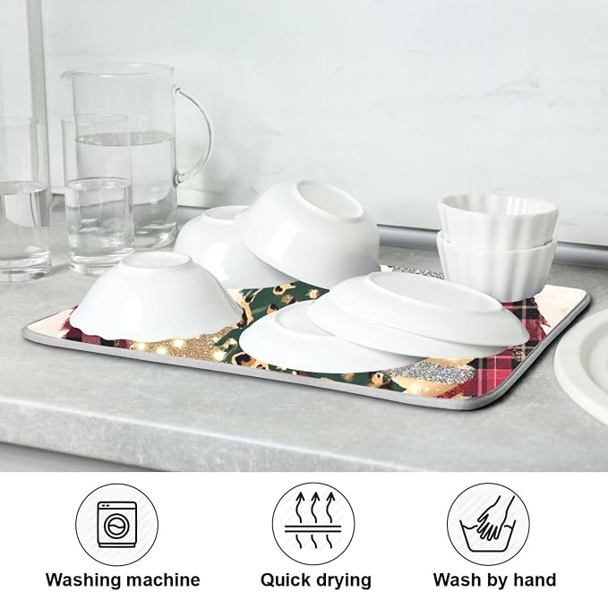 Christmas Tree Golden Dish Drying Mat for Kitchen Countertop 18x24 Winter Snowflake White Xmas Large Drying Mat Reusable Quick Dry Dish Sink Mats Easy Clean Decorative Essentials