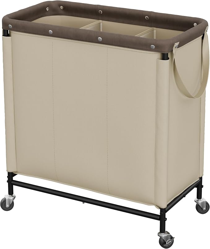 StorageWorks 3 Section Laundry Hamper, 120L Tan Sorter Cart with Wheels
