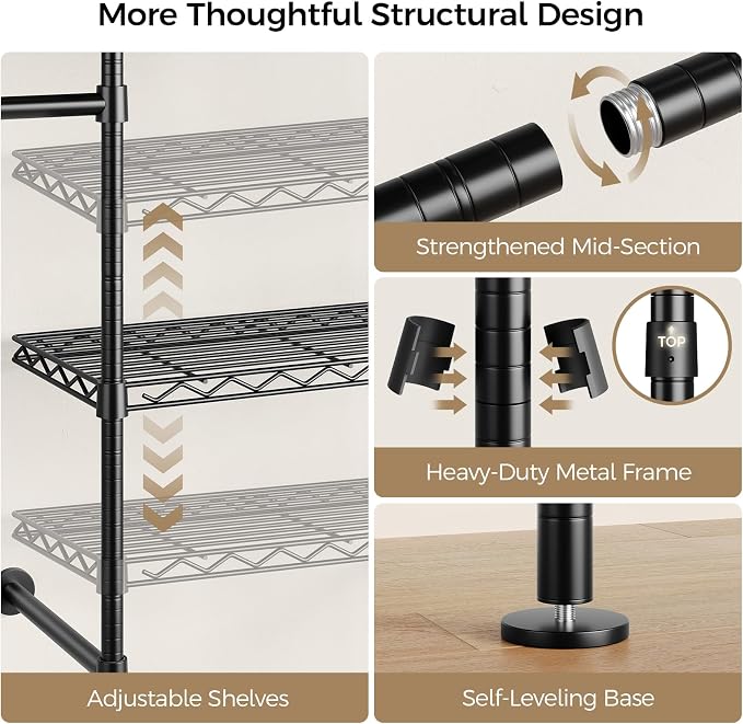 Closet Organizers and Storage, 4-Row Heavy Duty Clothes Rack for Hanging Clothes, Wall Mounted Closet System with 4 Telescopic Rods, 2 Fixed Rods, 5 Hooks, 8 Shelves for Wardrobe, Bedroom, Small Space
