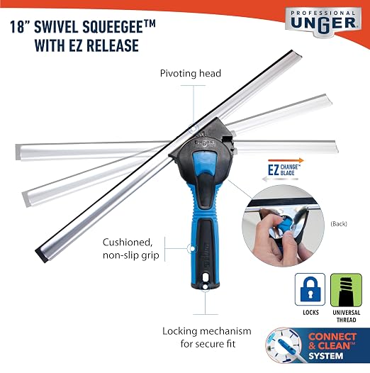 Unger Professional Connect and Clean 18” Swivel Window and Glass Cleaning Squeegee with EZ Change, Large Surfaces with Streak-Free Results, Swiveling Head for Corners and Edges, Rubber Replacement