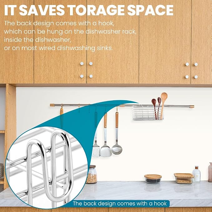 304 Stainless Steel Utensil Holder with Hooks - 3 Divided Compartments Silverware Drying Rack, Kitchen Tableware Organizer Drainage Basket for Flatware Knives Forks Spoons