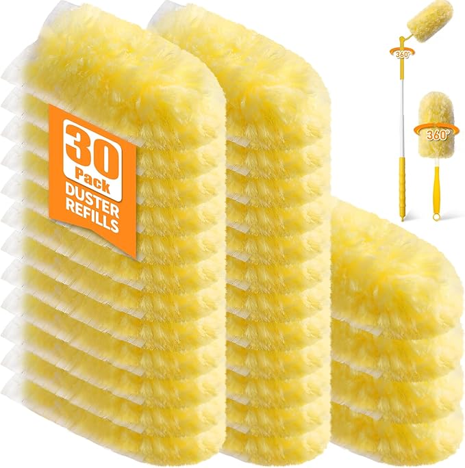 30 Count 360° Heavy Duty Duster Refills, Compatible with Swiffer Duster, Includes 1 Short Handle & 1 3 ft Extendable Handle, 4X Microfiber Cleaning Dusters, Disposable Unscented