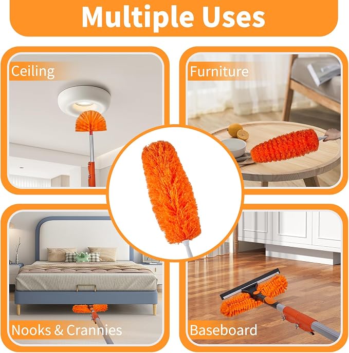 4-24 Ft High Reach Window Washing Kit with Extension Pole, Window Squeegee & Microfiber Scrubber, Ceiling Fan Duster & Feather Duster for High Ceiling, Furniture & Home Cleaning