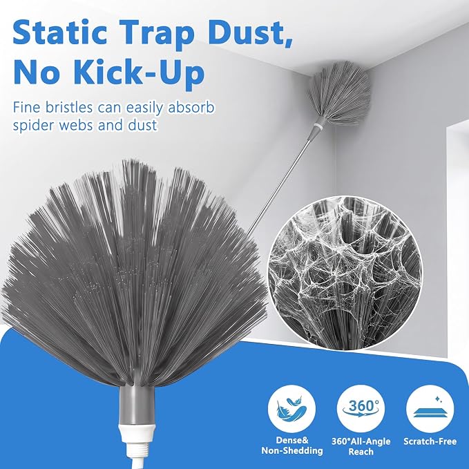 Duster with Extension Pole 30-100 Inches, Bendable Microfiber Cobweb, Gray, Duster for Cleaning Ceiling Fan, High Ceiling, Roof, Window & Blinds