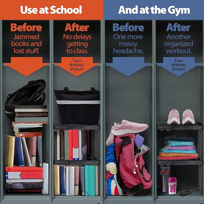 Piffny Locker Organizer Shelf， Adjustable Width and Height, Ideal Locker for School, Office, and Gym Lockers… (White 2 Pack), PLKSLF01